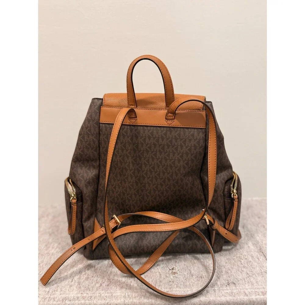 Michael Kors Abbey Signature MK Brown Leather Flap Backpack Rucksack
